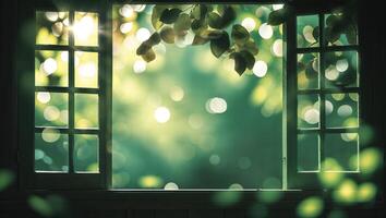 Sunlight filters through an open window showcasing lush green foliage and shimmering bokeh in a tranquil setting photo
