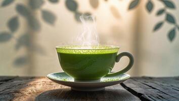 Steaming cup of green tea on a wooden table with soft natural light in the background during a peaceful morning photo