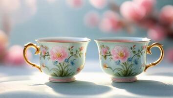 Delicate floral teacups on a soft background with gentle light and blooming flowers in springtime setting photo