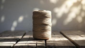 Natural twine spool resting on weathered wooden surface, bathed in soft sunlight photo