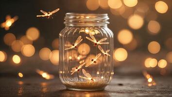 Fireflies illuminate a jar with warm lights in a tranquil nighttime setting photo