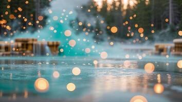 Relaxing in natural hot springs with glowing bokeh lights in a serene forest setting at sunset photo