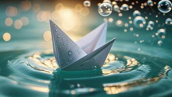 Paper boat gently bobbing on serene water while bubbles rise in soft evening light photo