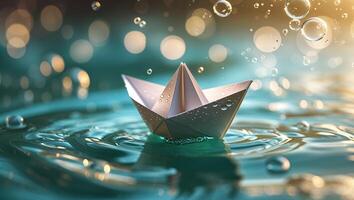 Paper boat floating on water surrounded by bubbles in soft evening light photo