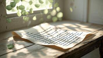 Handwritten letter resting on a rustic wooden table by a sunlit window surrounded by delicate foliage in a cozy setting photo