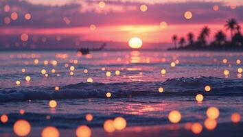 Vibrant sunset over tranquil ocean waters with illuminated bokeh effect and silhouettes of palm trees in the background photo