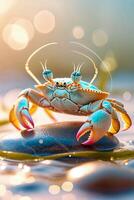 Crab perched on a rocky surface with sunlight shimmering on calm water during a tranquil evening photo