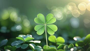 Four-leaf clover shining under sunlight with lush green foliage in the background during a peaceful spring afternoon photo