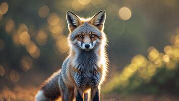 Red fox standing still in a sunlit forest with a soft bokeh background during golden hour photo