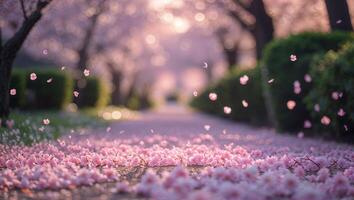 Cherry blossoms create a serene pathway in a blooming park during springtime afternoon photo