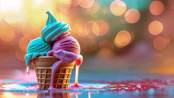 Melting ice cream cone with colorful scoops on a summer day, creating a vibrant and refreshing experience photo