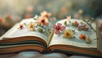 Open book surrounded by delicate flowers on a soft surface in a serene indoor setting during daylight photo