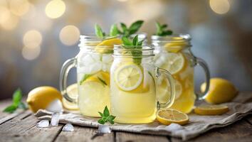 Refreshing lemonade served in mason jars with mint and lemon slices on a rustic wooden table photo