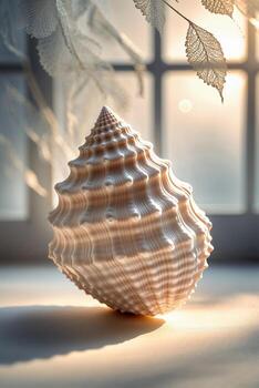 Beautiful conch shell illuminated by soft light with lace backdrop in a serene indoor setting photo