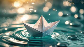 Paper boat gently floating on water surface during rain with sparkling droplets in the background photo