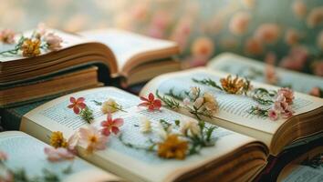 Books adorned with pressed flowers on a wooden table in a softly lit room creating a serene atmosphere photo