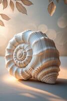 Stunning close-up of a spiral shell softly illuminated by warm light photo