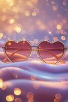 Heart-shaped sunglasses positioned on soft fabric create a dreamy atmosphere with sparkling bokeh in the background at evening light photo