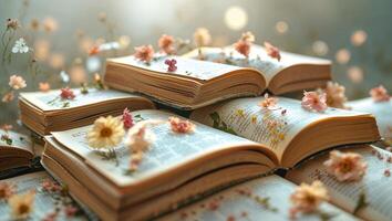 Stacked open books adorned with colorful flowers in soft natural light photo
