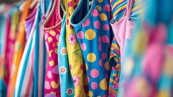 Colorful swimsuits displayed on hangers in a bright shop, showcasing various patterns and designs for summer fun and swimming activities photo