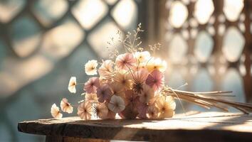 Delicate bouquet of dried flowers arranged on rustic wooden table with soft sunlight illuminating the scene photo