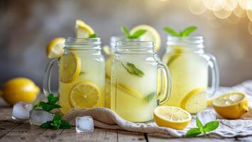 Refreshing lemonade served in mason jars with fresh mint and lemon slices on a rustic wooden table photo