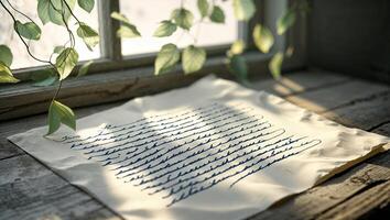 Handwritten note on aged paper with blue ink placed on a rustic wooden surface by a sunlit window with plants photo