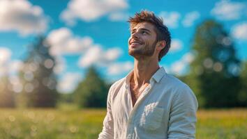 Young man enjoying the sunny outdoors while observing the sky on a bright and clear day photo