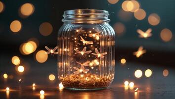 Enchanting display of fireflies captured in a glass jar surrounded by soft glowing lights at nighttime photo