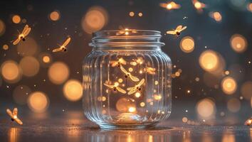 Magical evening with fireflies dancing around a glowing jar in a serene outdoor setting photo