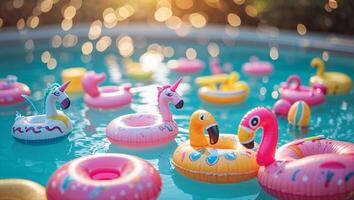 Colorful inflatable pool floats enjoy a sunny afternoon in a backyard swimming pool surrounded by shimmering water photo