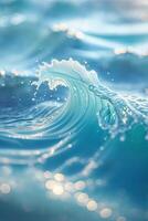 Capturing the beauty of vibrant ocean waves with sparkling droplets in a serene coastal atmosphere photo