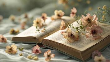 Open book surrounded by delicate flowers on a soft fabric surface in warm natural lighting during daylight hours photo