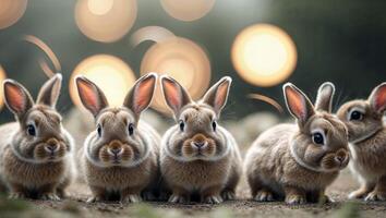 Cute rabbits gather in a playful arrangement against a soft bokeh background during a serene evening photo