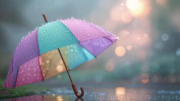 Colorful umbrella with rain droplets in a hazy outdoor setting during twilight photo