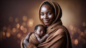 Mother holding sleeping baby wrapped in warm fabric with soft glowing background photo