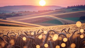 Golden wheat field during sunrise with rolling hills in the background creating a tranquil landscape photo