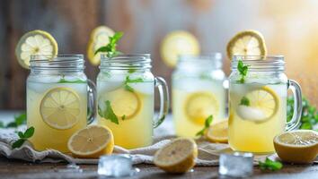 Refreshing lemonade with mint served in mason jars, perfect for summer gatherings and picnics photo