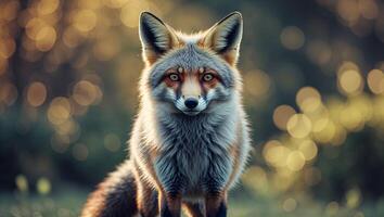 Fox standing elegantly in a forest during late afternoon with soft bokeh background and warm lighting photo