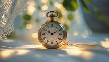 Vintage pocket watch resting on a soft surface with warm bokeh lights in the background at a serene indoor location photo
