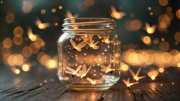 Fireflies in a jar illuminate a dark setting with enchanting, warm light during a summer evening photo