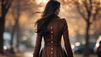 Woman in brown coat walking through autumn park with golden leaves in the background during a sunny afternoon photo
