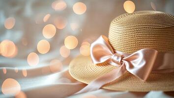 Beautiful straw hat with a satin ribbon on a soft surface illuminated by dreamy bokeh lights photo