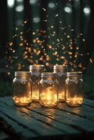 Magical glowing jars illuminate a forest backdrop during twilight hours photo