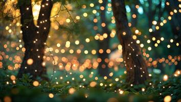 Twinkling lights create a magical atmosphere in a forest setting during evening hours photo