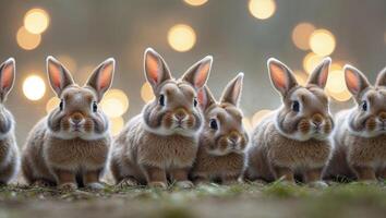 Cute rabbits lined up against a soft bokeh background during a winter setting in a serene forest atmosphere photo