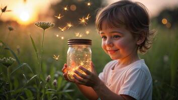 Child captures fireflies in a jar during sunset in a meadow, creating a magical moment of wonder and joy photo