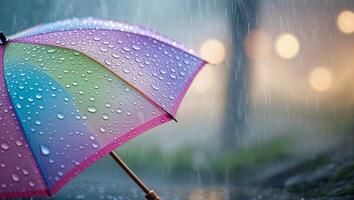 Colorful umbrella with rain drops under a cloudy sky in a tranquil park setting during a rainy afternoon photo
