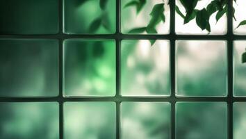 Soft green light filters through a textured glass wall adorned with leaves in a tranquil indoor space photo