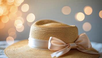 Stylish straw hat with ribbon in soft focus background creating a warm ambiance photo
